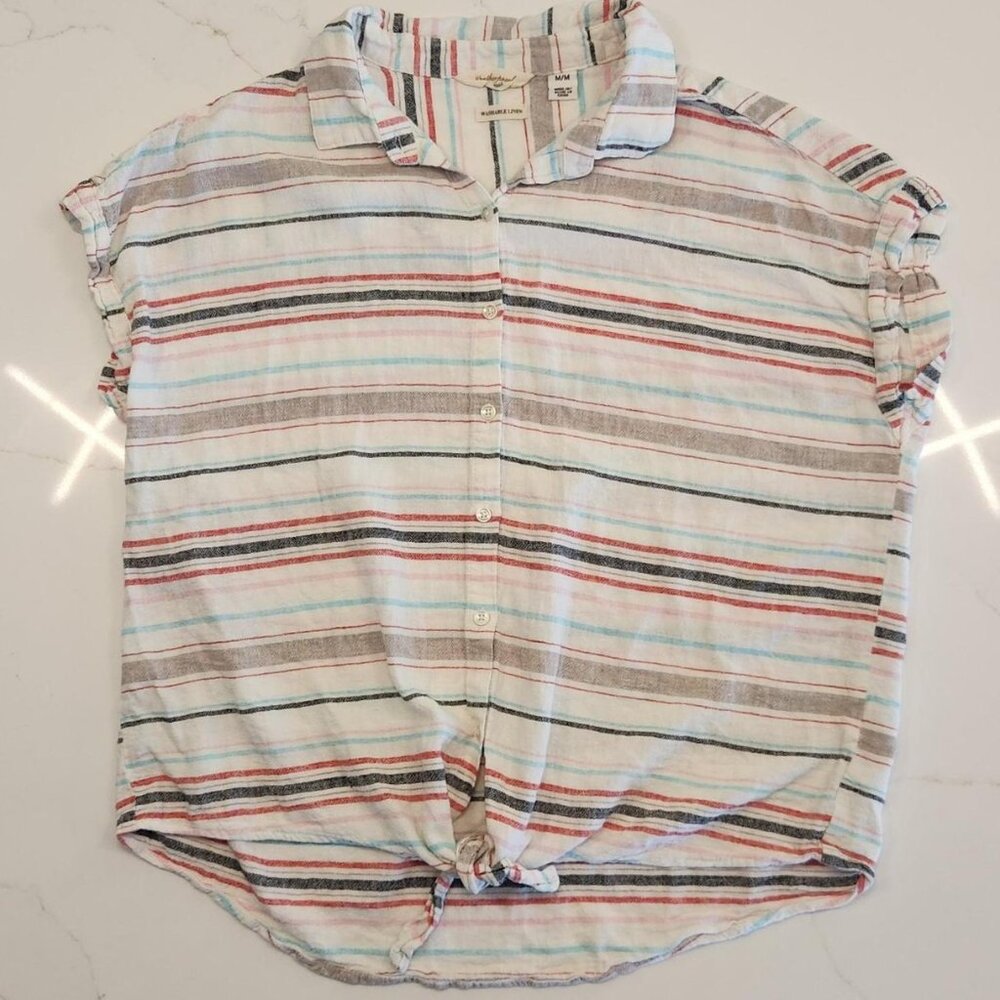 Weatherproof Vintage Linen Washable Sz M Tie Front Shirt Top Stripes Coastal